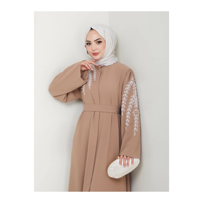 TAŞLİ ABAYA TESETTÜR GIYIM KADIN FERACE ELBISE BEJ