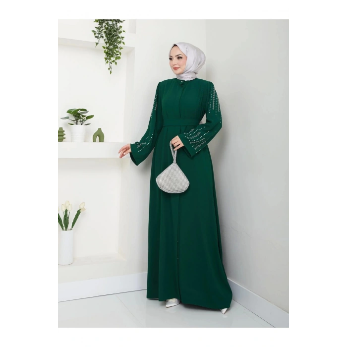 NAKIŞLI ABAYA TESETTÜR GIYIM KADIN FERACE ELBISE ZÜMRÜT