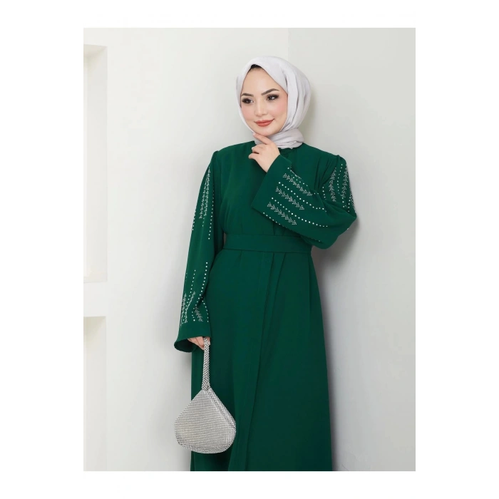 NAKIŞLI ABAYA TESETTÜR GIYIM KADIN FERACE ELBISE ZÜMRÜT