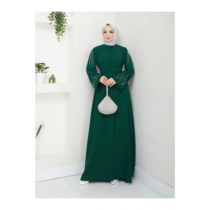 NAKIŞLI ABAYA TESETTÜR GIYIM KADIN FERACE ELBISE ZÜMRÜT