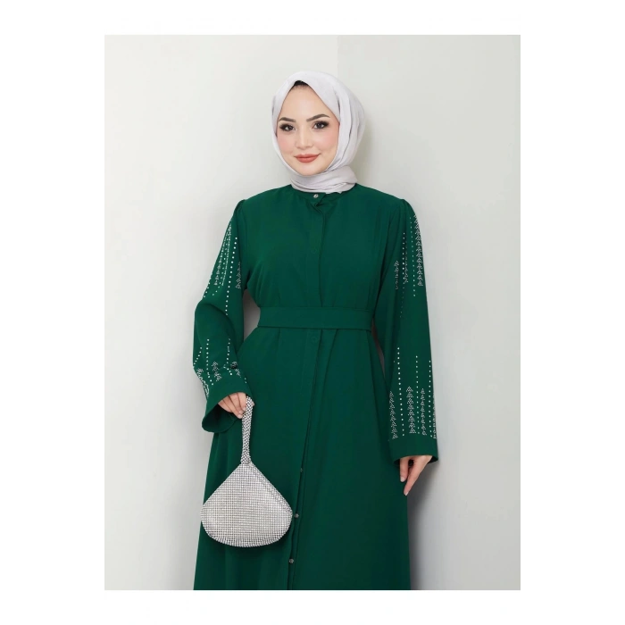 NAKIŞLI ABAYA TESETTÜR GIYIM KADIN FERACE ELBISE ZÜMRÜT