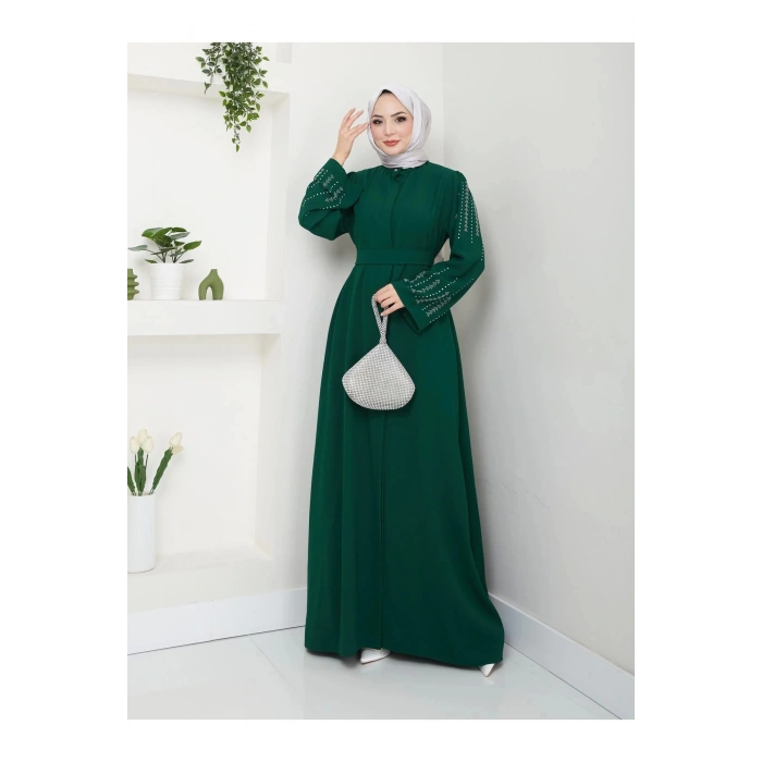NAKIŞLI ABAYA TESETTÜR GIYIM KADIN FERACE ELBISE ZÜMRÜT