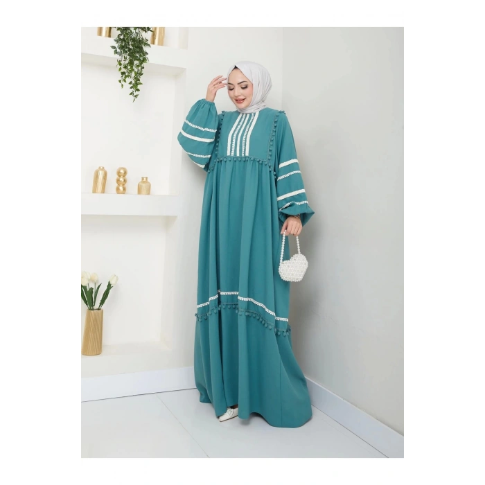KADIN TESETTÜR DANTELLİ ŞERİT ELBİSE MİNT