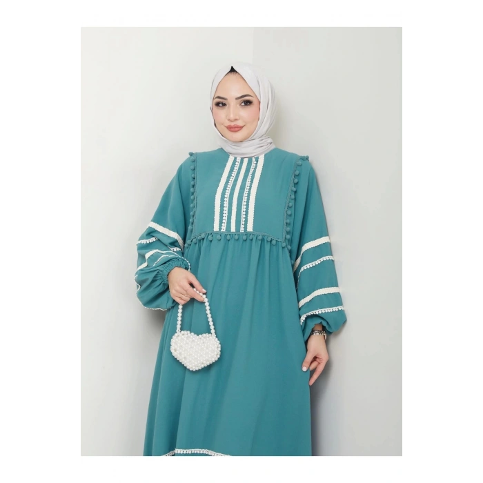 KADIN TESETTÜR DANTELLİ ŞERİT ELBİSE MİNT