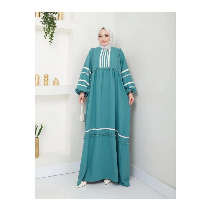 KADIN TESETTÜR DANTELLİ ŞERİT ELBİSE MİNT