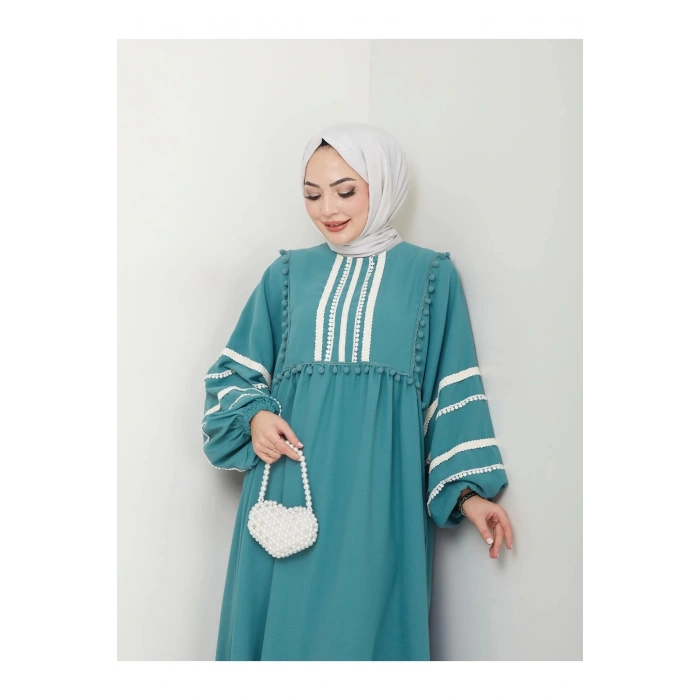 KADIN TESETTÜR DANTELLİ ŞERİT ELBİSE MİNT