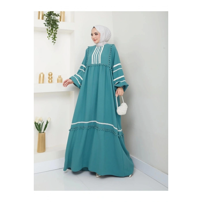 KADIN TESETTÜR DANTELLİ ŞERİT ELBİSE MİNT