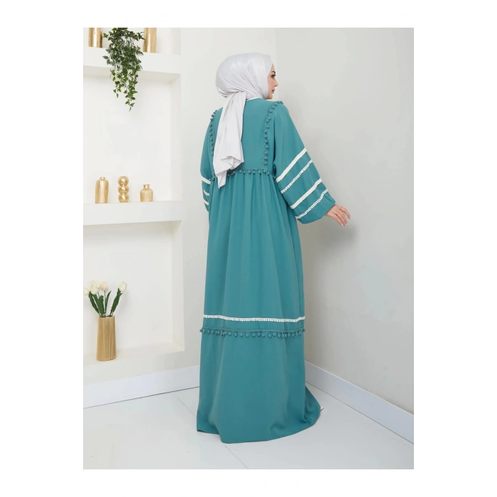 KADIN TESETTÜR DANTELLİ ŞERİT ELBİSE MİNT