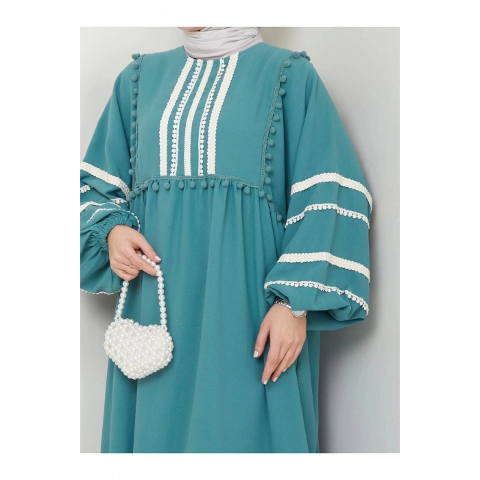 KADIN TESETTÜR DANTELLİ ŞERİT ELBİSE MİNT