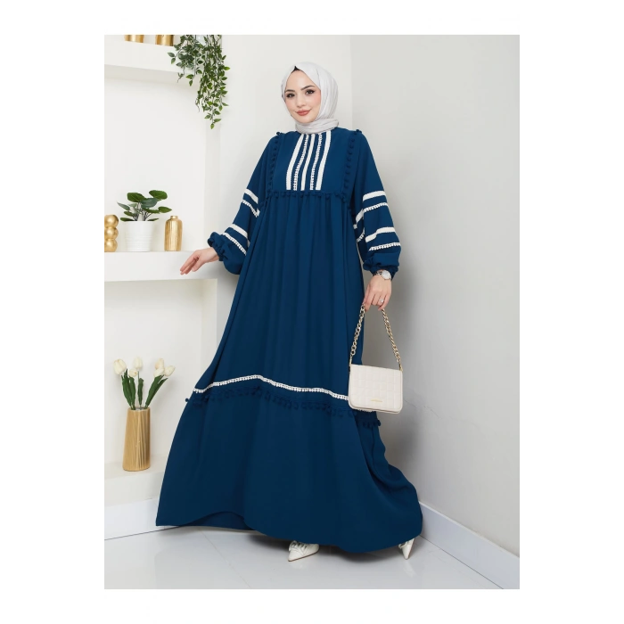 KADIN TESETTÜR DANTELLİ ŞERİT ELBİSE İNDİGO 681