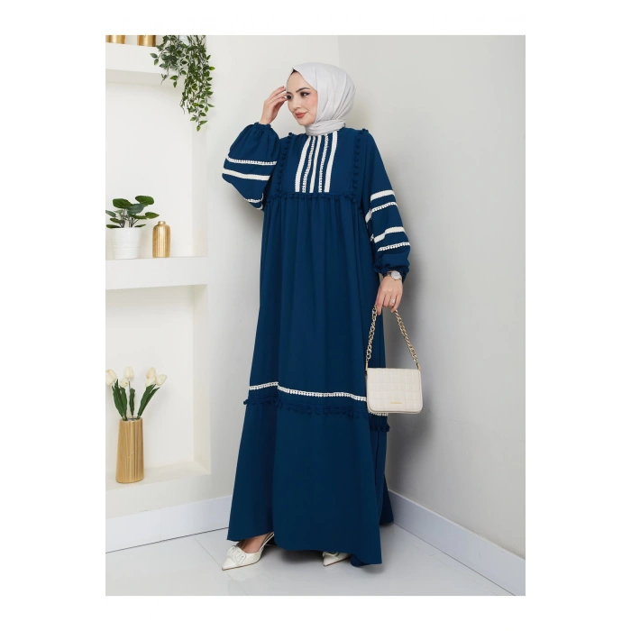 KADIN TESETTÜR DANTELLİ ŞERİT ELBİSE İNDİGO 681
