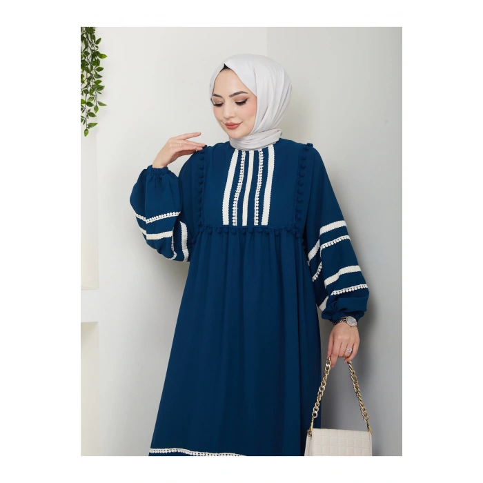 KADIN TESETTÜR DANTELLİ ŞERİT ELBİSE İNDİGO 681