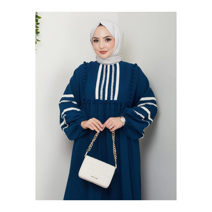 KADIN TESETTÜR DANTELLİ ŞERİT ELBİSE İNDİGO 681