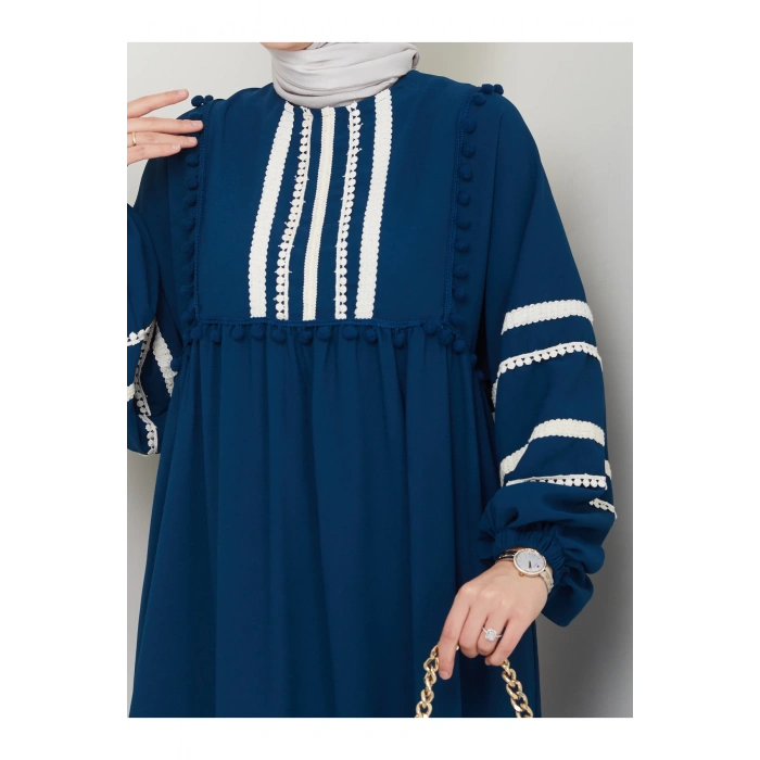 KADIN TESETTÜR DANTELLİ ŞERİT ELBİSE İNDİGO 681