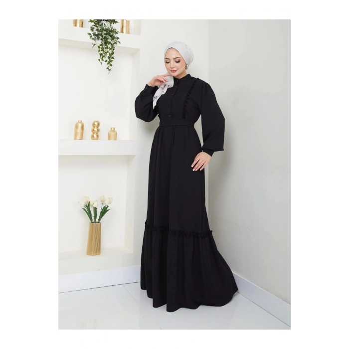 KADIN TESETTÜR DANTELLİ ŞERİT ELBİSE SİYAH