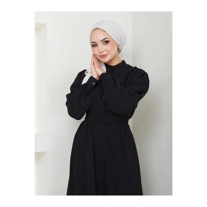 KADIN TESETTÜR DANTELLİ ŞERİT ELBİSE SİYAH