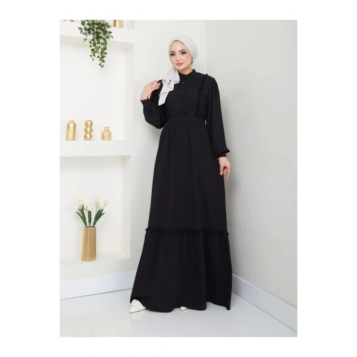 KADIN TESETTÜR DANTELLİ ŞERİT ELBİSE SİYAH