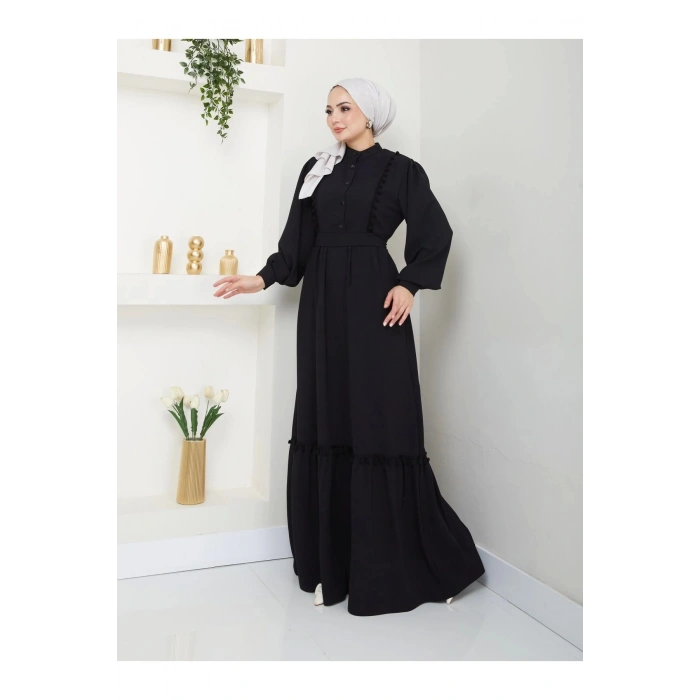 KADIN TESETTÜR DANTELLİ ŞERİT ELBİSE SİYAH