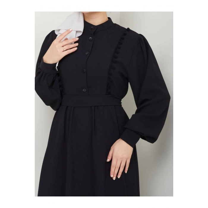 KADIN TESETTÜR DANTELLİ ŞERİT ELBİSE SİYAH