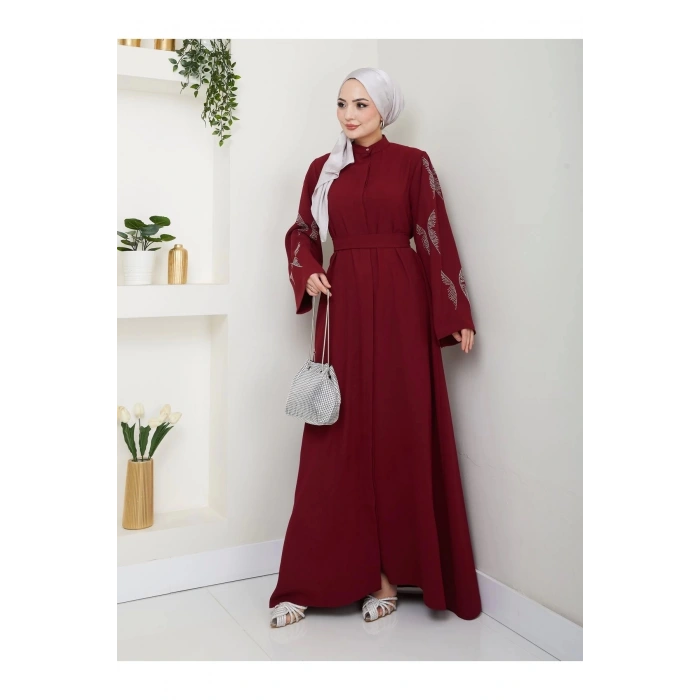Taşli̇ Abaya Tesettür Giyim Kadin Ferace Elbise Bordo