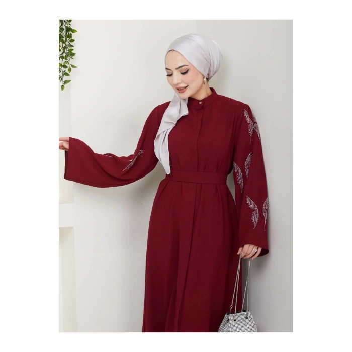 Taşli̇ Abaya Tesettür Giyim Kadin Ferace Elbise Bordo