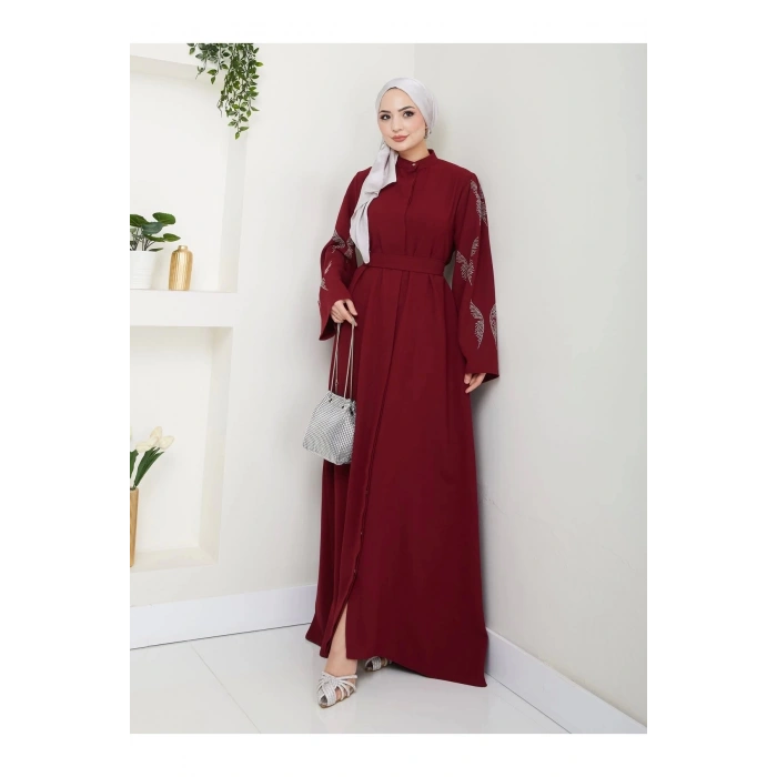 Taşli̇ Abaya Tesettür Giyim Kadin Ferace Elbise Bordo