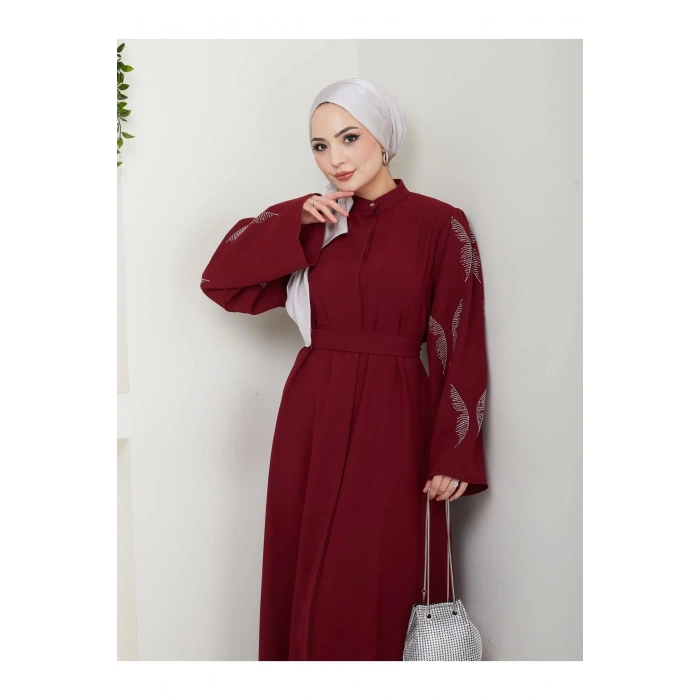 Taşli̇ Abaya Tesettür Giyim Kadin Ferace Elbise Bordo