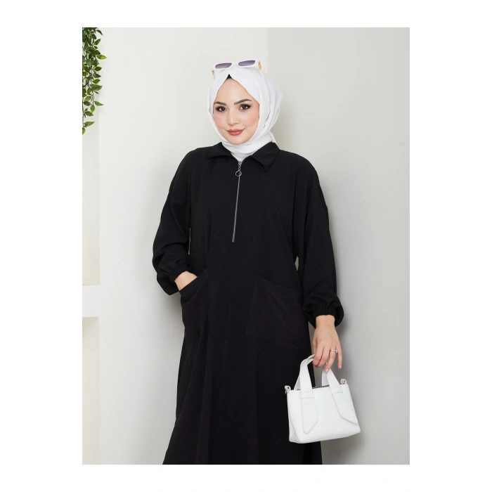 UZUN BOY CEPLE YARI FERMUARLI AYROBİN TESETTÜR TAKIM BÜYÜK BEDEN SİYAH 846