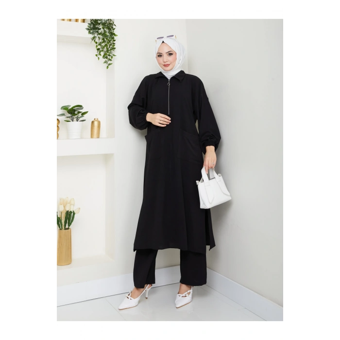 UZUN BOY CEPLE YARI FERMUARLI AYROBİN TESETTÜR TAKIM BÜYÜK BEDEN SİYAH 846
