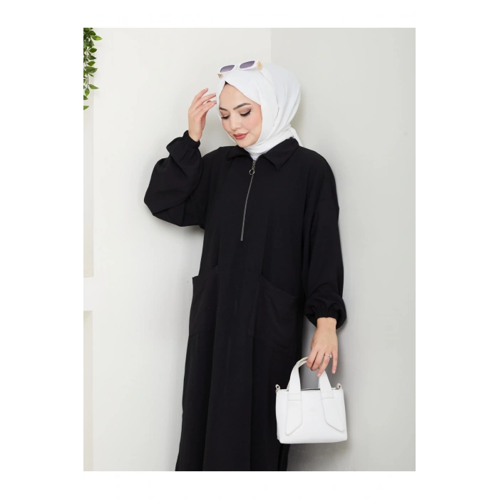 UZUN BOY CEPLE YARI FERMUARLI AYROBİN TESETTÜR TAKIM BÜYÜK BEDEN SİYAH 846