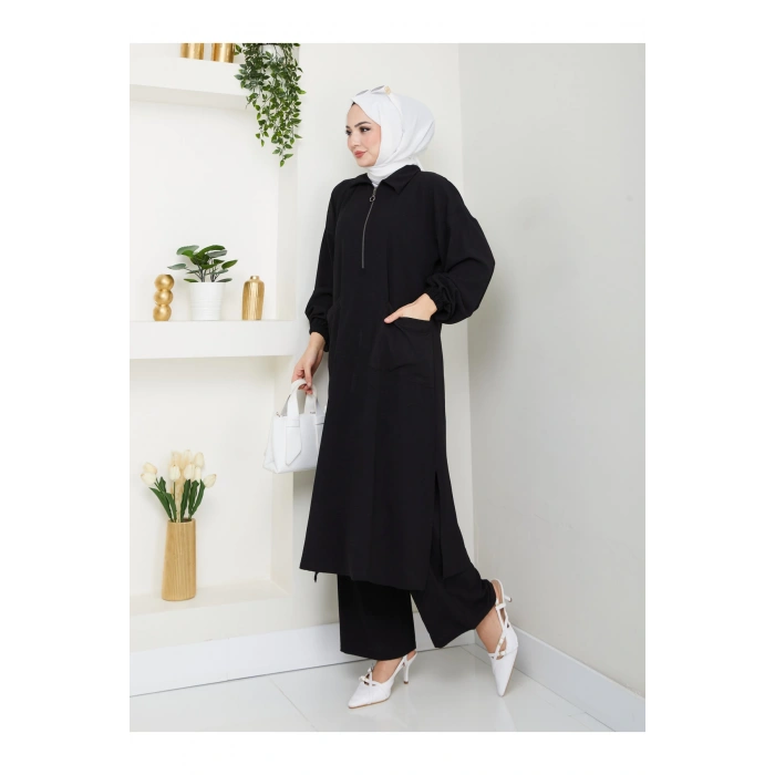 UZUN BOY CEPLE YARI FERMUARLI AYROBİN TESETTÜR TAKIM BÜYÜK BEDEN SİYAH 846