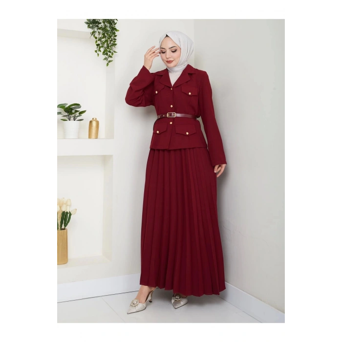 PİLELİ ETEKLI CEKETLI GOLD DÜĞMELİ KEMERLİ BLAZER TESETTÜR TAKIM BORDO 806