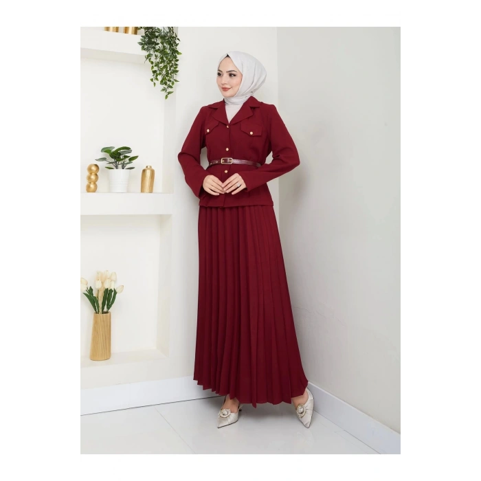 PİLELİ ETEKLI CEKETLI GOLD DÜĞMELİ KEMERLİ BLAZER TESETTÜR TAKIM BORDO 806