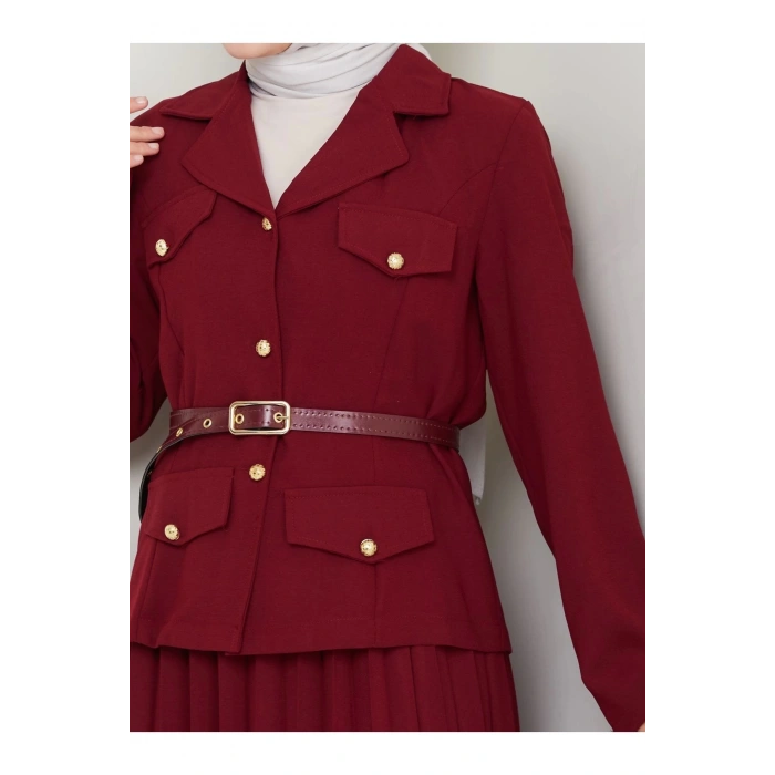 PİLELİ ETEKLI CEKETLI GOLD DÜĞMELİ KEMERLİ BLAZER TESETTÜR TAKIM BORDO 806
