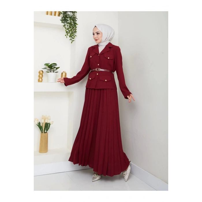 PİLELİ ETEKLI CEKETLI GOLD DÜĞMELİ KEMERLİ BLAZER TESETTÜR TAKIM BORDO 806