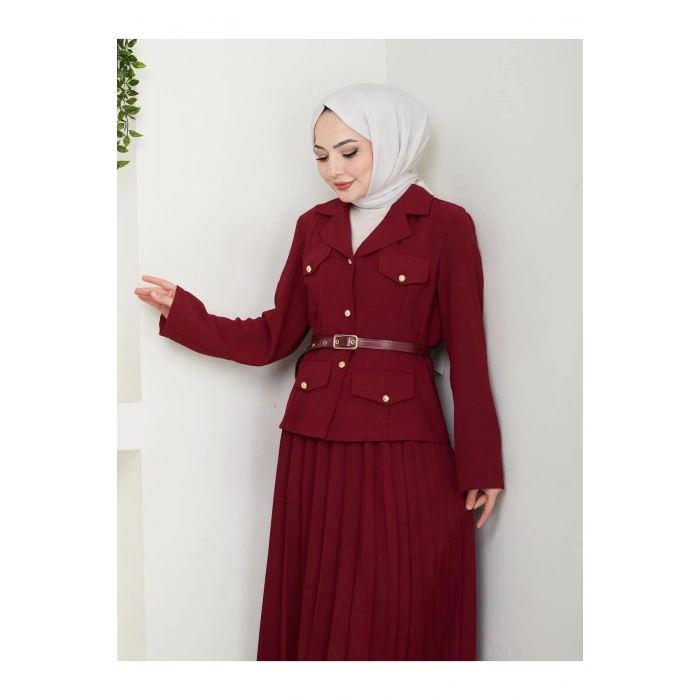 PİLELİ ETEKLI CEKETLI GOLD DÜĞMELİ KEMERLİ BLAZER TESETTÜR TAKIM BORDO 806