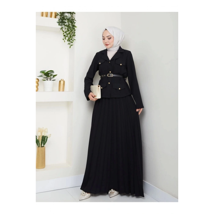 PİLELİ ETEKLI CEKETLI GOLD DÜĞMELİ KEMERLİ BLAZER TESETTÜR TAKIM SİYAH 806