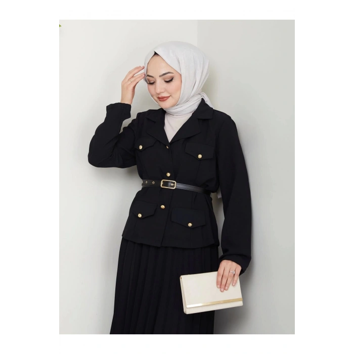 PİLELİ ETEKLI CEKETLI GOLD DÜĞMELİ KEMERLİ BLAZER TESETTÜR TAKIM SİYAH 806