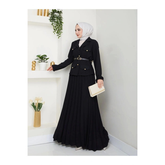 PİLELİ ETEKLI CEKETLI GOLD DÜĞMELİ KEMERLİ BLAZER TESETTÜR TAKIM SİYAH 806