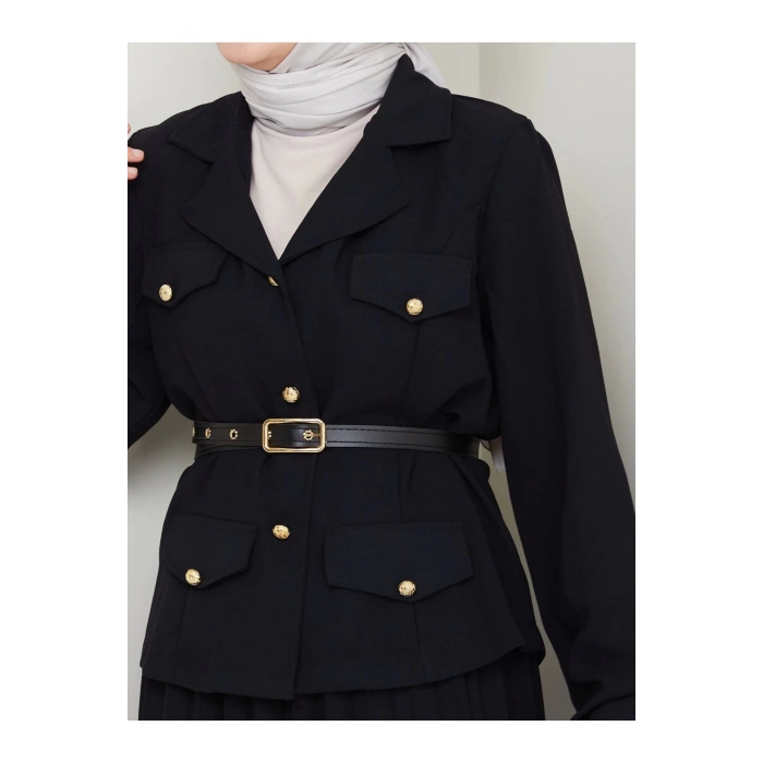 PİLELİ ETEKLI CEKETLI GOLD DÜĞMELİ KEMERLİ BLAZER TESETTÜR TAKIM SİYAH 806