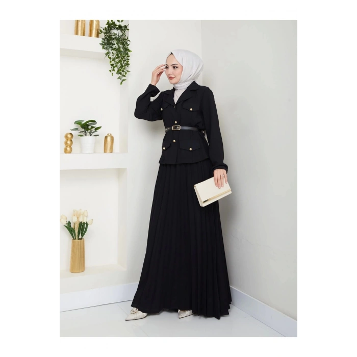 PİLELİ ETEKLI CEKETLI GOLD DÜĞMELİ KEMERLİ BLAZER TESETTÜR TAKIM SİYAH 806