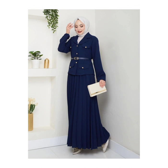 PİLELİ ETEKLI CEKETLI GOLD DÜĞMELİ KEMERLİ BLAZER TESETTÜR TAKIM LACİVERT 806