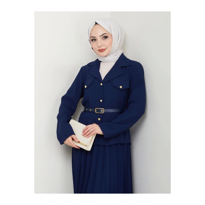 PİLELİ ETEKLI CEKETLI GOLD DÜĞMELİ KEMERLİ BLAZER TESETTÜR TAKIM LACİVERT 806