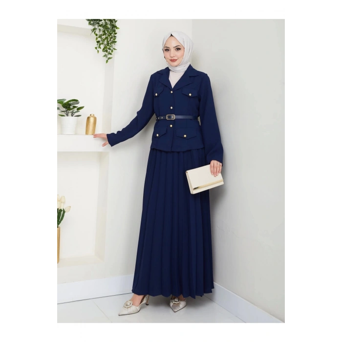 PİLELİ ETEKLI CEKETLI GOLD DÜĞMELİ KEMERLİ BLAZER TESETTÜR TAKIM LACİVERT 806