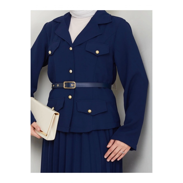 PİLELİ ETEKLI CEKETLI GOLD DÜĞMELİ KEMERLİ BLAZER TESETTÜR TAKIM LACİVERT 806