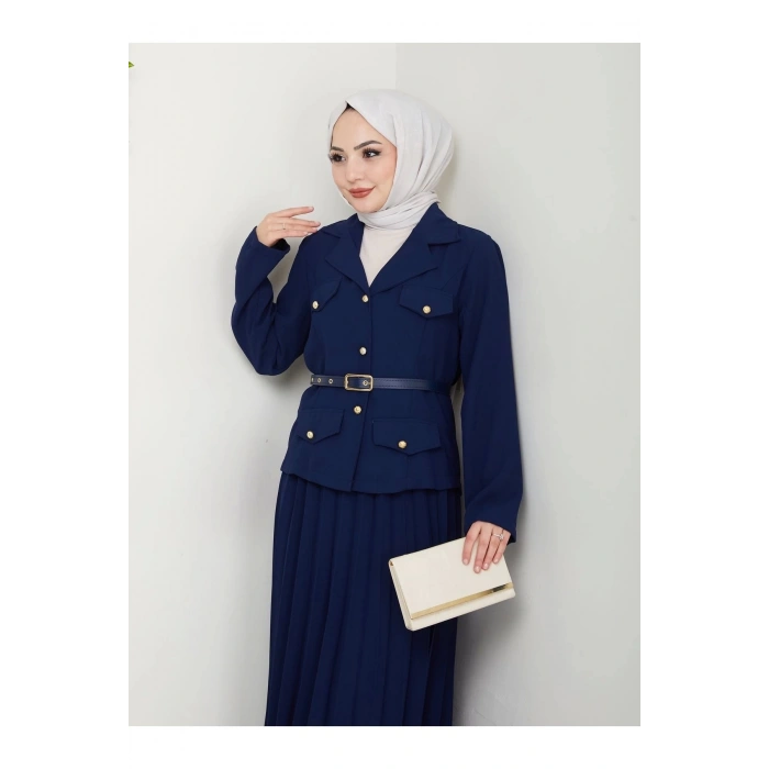 PİLELİ ETEKLI CEKETLI GOLD DÜĞMELİ KEMERLİ BLAZER TESETTÜR TAKIM LACİVERT 806