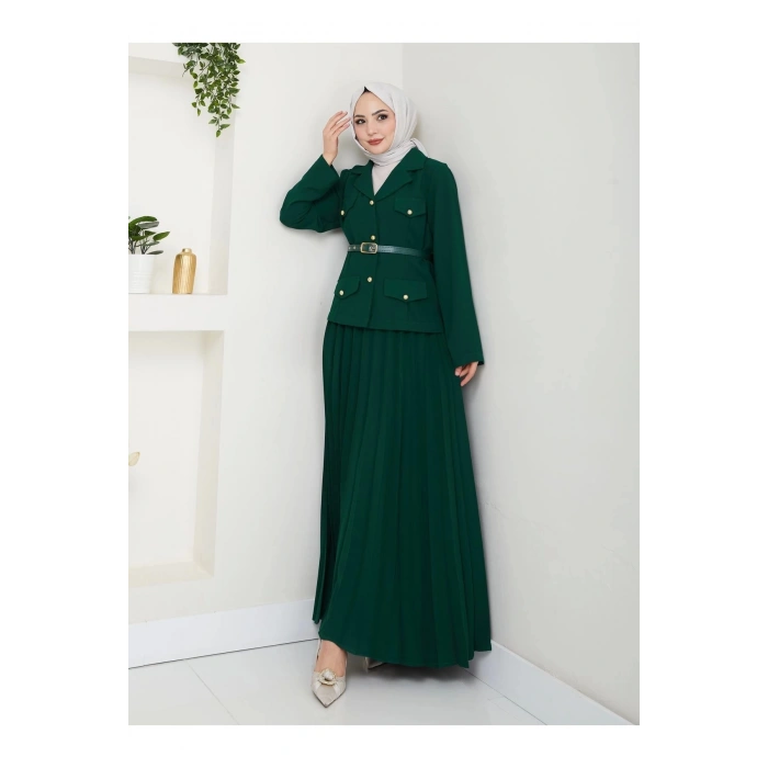 PİLELİ ETEKLI CEKETLI GOLD DÜĞMELİ KEMERLİ BLAZER TESETTÜR TAKIM ZÜMRÜT 806