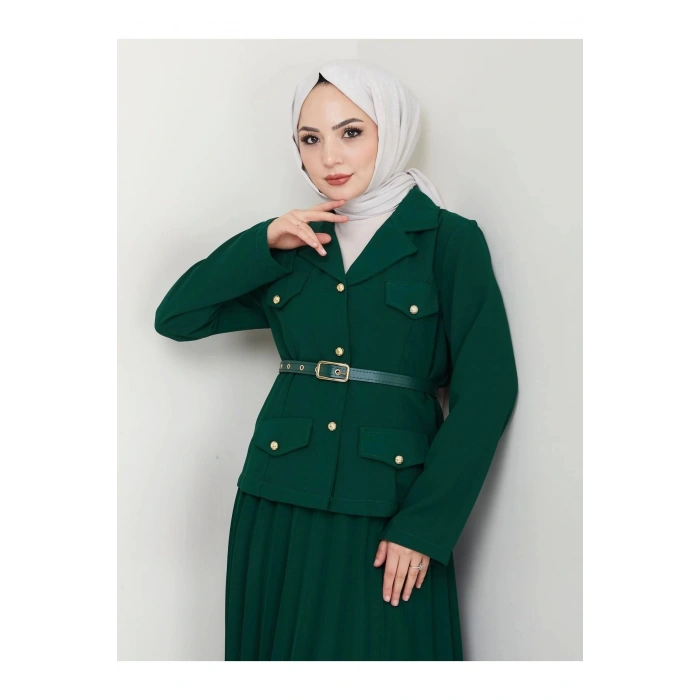 PİLELİ ETEKLI CEKETLI GOLD DÜĞMELİ KEMERLİ BLAZER TESETTÜR TAKIM ZÜMRÜT 806