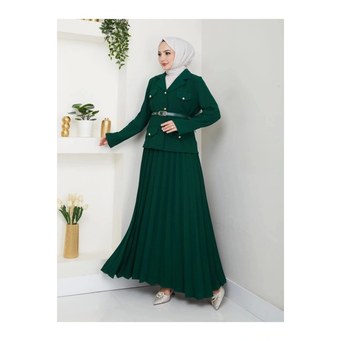 PİLELİ ETEKLI CEKETLI GOLD DÜĞMELİ KEMERLİ BLAZER TESETTÜR TAKIM ZÜMRÜT 806