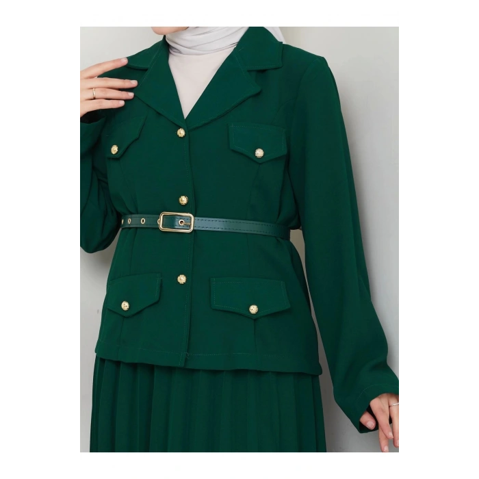 PİLELİ ETEKLI CEKETLI GOLD DÜĞMELİ KEMERLİ BLAZER TESETTÜR TAKIM ZÜMRÜT 806